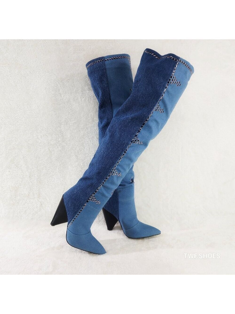 Western Flare Denim Boots Cone Heels Button Studs OTK Pull On Thigh High Boot